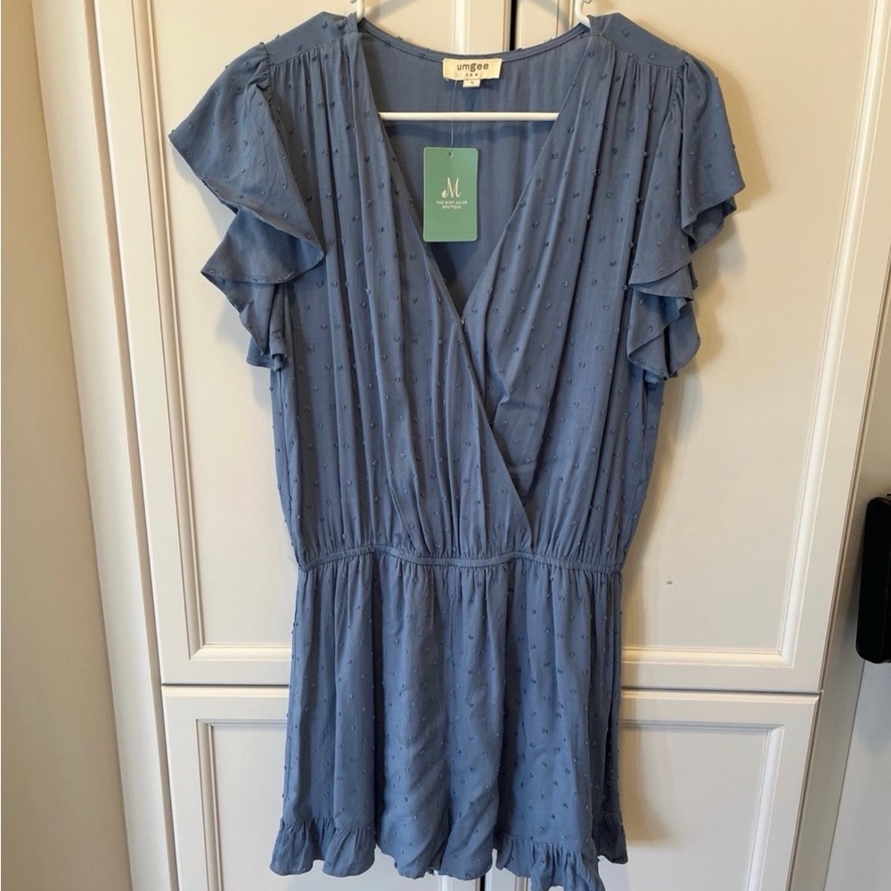 Umgee Dusty Blue Textured Surplice Romper